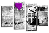 LR Banksy Heart Art Print Purple Grey Balloon Girl Framed Canvas Split Wall Picture Ready to Hang