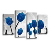 LR Floral Rose Tulip Wall Art Picture – Grey & Blue Framed 4 Panel Split Canvas Print | Ready to Hang | Modern Wall Art for Living Room, Bedroom & Office