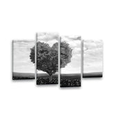 LR Floral Love Heart Wall Art Picture – Grey & White Tree Framed 4 Panel Split Canvas Print | Ready to Hang | Modern Wall Art for Living Room, Bedroom & Office