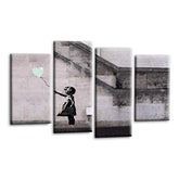 LR Banksy Heart Wall Art Picture – Grey & Duck Egg Graffiti Art Framed 4 Panel Split Canvas Print | Ready to Hang | Modern Wall Art for Living Room, Bedroom & Office