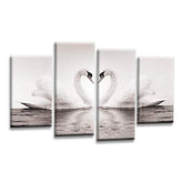 LR Grey Love Swans Wall Art Picture – White Heart Framed 4 Panel Split Canvas Print | Ready to Hang | Modern Wall Art for Living Room, Bedroom & Office