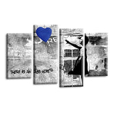 LR Banksy Heart Wall Art Picture – Grey & Blue Graffiti Art Framed 4 Panel Split Canvas Print | Ready to Hang | Modern Wall Art for Living Room, Bedroom & Office
