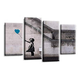 LR Banksy Wall Art Picture – Grey & Teal Graffiti Art Framed 4 Panel Split Canvas Print | Ready to Hang | Modern Wall Art for Living Room, Bedroom & Office