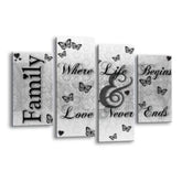 LR Family Love Wall Art Picture – Black & White Quote Framed 4 Panel Split Canvas Print | Ready to Hang | Modern Wall Art for Living Room, Bedroom & Office