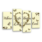 LR Love Wall Art Picture – Cream & Brown Quote Framed 4 Panel Split Canvas Print | Ready to Hang | Modern Wall Art for Living Room, Bedroom & Office
