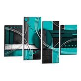 LR Abstract Wall Art Picture – Grey, Teal & White Modern Framed 4 Panel Split Canvas Print | Ready to Hang | Modern Wall Art for Living Room, Bedroom & Office