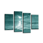 LR Sunset Beach Wall Art Picture – Teal & Cream Seascape Framed 4 Panel Split Canvas Print | Ready to Hang | Modern Wall Art for Living Room, Bedroom & Office