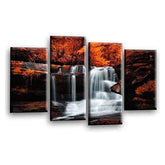 LR Waterfall Orange Wall Art Picture – Grey & Forest Framed 4 Panel Split Canvas Print | Ready to Hang | Modern Wall Art for Living Room, Bedroom & Office