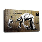 LR Framed Banksy Star Wars Wall Art Picture – Grey & White Graffiti Art Framed Canvas Print | Ready to Hang | Modern Wall Art for Living Room, Bedroom & Office