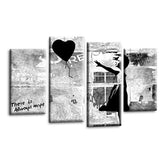 LR Banksy Heart Wall Art Picture – Grey & Black Graffiti Art Framed 4 Panel Split Canvas Print | Ready to Hang | Modern Wall Art for Living Room, Bedroom & Office
