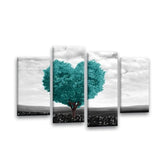 LR Floral Love Heart Wall Art Picture – Grey & Teal Tree Framed 4 Panel Split Canvas Print | Ready to Hang | Modern Wall Art for Living Room, Bedroom & Office