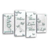 LR Love Wall Art Picture – White & Duck Egg Family Quote Framed 4 Panel Split Canvas Print | Ready to Hang | Modern Wall Art for Living Room, Bedroom & Office