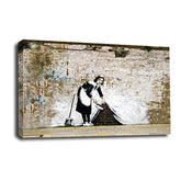 LR Banksy Maid Sweeping Wall Art Picture – Graffiti Art Framed Canvas Print | Ready to Hang | Modern Wall Art for Living Room, Bedroom & Office