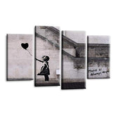 LR Banksy Wall Art Picture – Grey & Black Graffiti Art Framed 4 Panel Split Canvas Print | Ready to Hang | Modern Wall Art for Living Room, Bedroom & Office