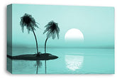 LR Sunset Beach Wall Art Duck Egg Palm Trees Tropical Island Framed Canvas Picture Ready to Hang