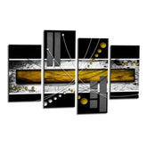 LR Black White Abstract Wall Art Picture – Yellow & Modern Framed 4 Panel Split Canvas Print | Ready to Hang | Modern Wall Art for Living Room, Bedroom & Office