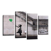 LR Banksy Heart Wall Art Picture – Grey & Green Graffiti Art Framed 4 Panel Split Canvas Print | Ready to Hang | Modern Wall Art for Living Room, Bedroom & Office