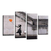 LR Banksy Heart Wall Art Picture – Grey & Orange Graffiti Art Framed 4 Panel Split Canvas Print | Ready to Hang | Modern Wall Art for Living Room, Bedroom & Office
