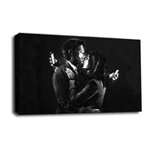 LR Framed Banksy Wall Art Picture – Grey & White Graffiti Art Framed Canvas Print | Ready to Hang | Modern Wall Art for Living Room, Bedroom & Office