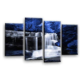 LR Blue Waterfall Wall Art Picture – Black & White Forest Framed 4 Panel Split Canvas Print | Ready to Hang | Modern Wall Art for Living Room, Bedroom & Office