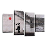 LR Banksy Heart Wall Art Picture – Grey & Red Graffiti Art Framed 4 Panel Split Canvas Print | Ready to Hang | Modern Wall Art for Living Room, Bedroom & Office