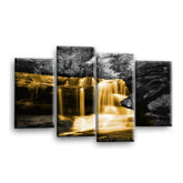LR Waterfall Orange Wall Art Picture – Grey & Forest Framed 4 Panel Split Canvas Print | Ready to Hang | Modern Wall Art for Living Room, Bedroom & Office