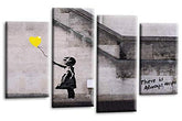 LR Banksy Heart Wall Art Picture – Grey & Yellow Graffiti Art Framed 4 Panel Split Canvas Print | Ready to Hang | Modern Wall Art for Living Room, Bedroom & Office