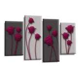LR Purple Floral Rose Wall Art Picture – Grey Framed 4 Panel Split Canvas Print | Ready to Hang | Modern Wall Art for Living Room, Bedroom & Office