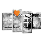 LR Banksy Wall Art Picture – Grey & Orange Graffiti Art Framed 4 Panel Split Canvas Print | Ready to Hang | Modern Wall Art for Living Room, Bedroom & Office