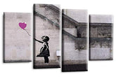 LR Banksy Heart Wall Art Picture – Purple & Grey Graffiti Art Framed 4 Panel Split Canvas Print | Ready to Hang | Modern Wall Art for Living Room, Bedroom & Office