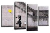 LR Banksy Heart Art Print Yellow Grey Balloon Girl Framed Canvas Split Wall Picture Ready to Hang