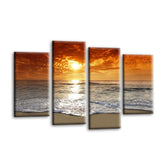 LR Sunset Beach Wall Art Picture – Grey & Orange Seascape Framed 4 Panel Split Canvas Print | Ready to Hang | Modern Wall Art for Living Room, Bedroom & Office