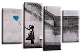 LR Banksy Wall Art Print Teal Grey Balloon Girl Heart Framed Canvas Split Panel Picture Ready to Hang