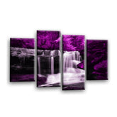 LR Waterfall Purple Wall Art Picture – Grey Forest Framed 4 Panel Split Canvas Print | Ready to Hang | Modern Wall Art for Living Room, Bedroom & Office