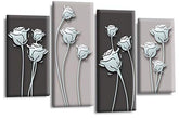 LR Duck Egg Floral Rose Wall Art Picture – Grey Framed 4 Panel Split Canvas Print | Ready to Hang | Modern Wall Art for Living Room, Bedroom & Office
