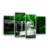 LR Waterfall Green Wall Art Picture – Grey & Forest Framed 4 Panel Split Canvas Print | Ready to Hang | Modern Wall Art for Living Room, Bedroom & Office