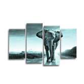 LR Elephant Sunset Wall Art Picture – Grey & Duck Egg African Framed 4 Panel Split Canvas Print | Ready to Hang | Modern Wall Art for Living Room, Bedroom & Office