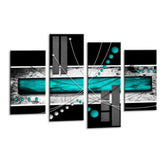 LR Abstract Wall Art Picture – Teal, Black & White Modern Framed 4 Panel Split Canvas Print | Ready to Hang | Modern Wall Art for Living Room, Bedroom & Office