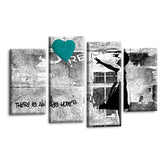 LR Banksy Wall Art Picture – Grey & Teal Graffiti Art Framed 4 Panel Split Canvas Print | Ready to Hang | Modern Wall Art for Living Room, Bedroom & Office