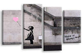 LR Banksy Heart Wall Art Picture – Grey & Pink Graffiti Art Framed 4 Panel Split Canvas Print | Ready to Hang | Modern Wall Art for Living Room, Bedroom & Office