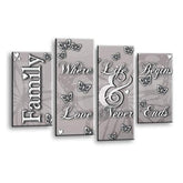 LR Family Love Quote Wall Art Picture – Grey & Powder Grey Framed 4 Panel Split Canvas Print | Ready to Hang | Modern Wall Art for Living Room, Bedroom & Office