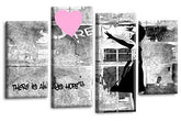 LR Banksy Wall Art Print Pink Balloon Girl Heart Grey Framed Canvas Split Panel Picture Ready to Hang