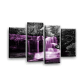 LR Waterfall Wall Art Picture – Purple, Black & White Forest Framed 4 Panel Split Canvas Print | Ready to Hang | Modern Wall Art for Living Room, Bedroom & Office