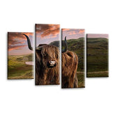 LR Large Highland Cattle Wall Art Picture Framed 4 Panel Split Canvas Print | Ready to Hang | Modern Wall Art for Living Room, Bedroom & Office