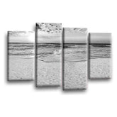 LR Sunset Beach Wall Art Picture – Grey & White Seascape Framed 4 Panel Split Canvas Print | Ready to Hang | Modern Wall Art for Living Room, Bedroom & Office