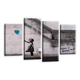 LR Banksy Heart Wall Art Picture – Grey & Teal Graffiti Art Framed 4 Panel Split Canvas Print | Ready to Hang | Modern Wall Art for Living Room, Bedroom & Office