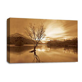 LR Landscape Wall Art Picture – Cream & Brown Mountain Lake Framed Canvas Print | Ready to Hang | Modern Wall Art for Living Room, Bedroom & Office