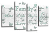 LR Family Quote Wall Art Picture – Grey, White & Duck Egg Love Framed 4 Panel Split Canvas Print | Ready to Hang | Modern Wall Art for Living Room, Bedroom & Office