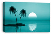 LR Sunset Beach Wall Art Teal Palm Trees Tropical Island Split Panel Canvas