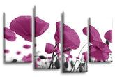 LR Floral Rose Poppy Wall Art Picture – Purple & White Framed 4 Panel Split Canvas Print | Ready to Hang | Modern Wall Art for Living Room, Bedroom & Office